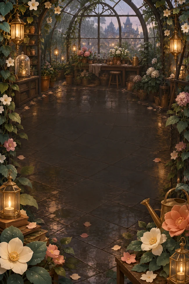 Rain-washed greenhouse interior