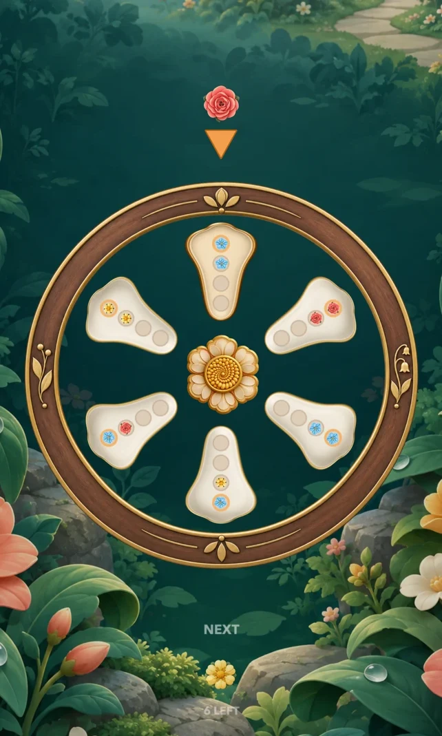 Petal Spin gameplay: a wooden flower wheel with colored flowers arranged inside its petals
